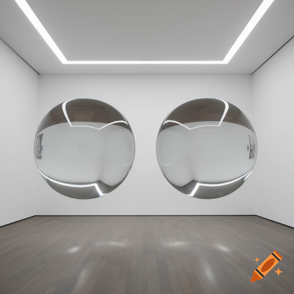 Two large, clear, reflective spheres float in a minimalist white art gallery with a wooden floor and illuminated ceiling.
