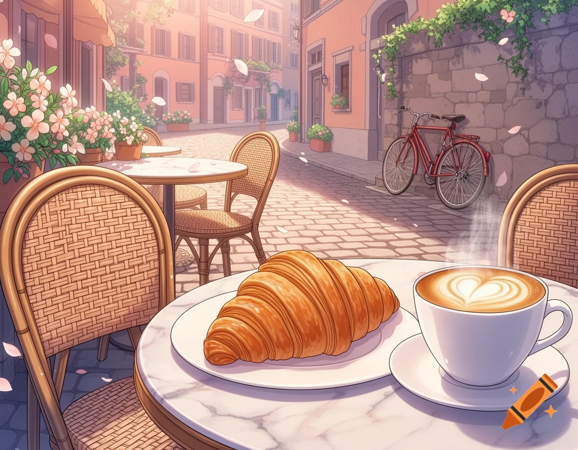 Anime style illustration of a croissant and latte on a marble table at an outdoor cafe on a sunny European street.