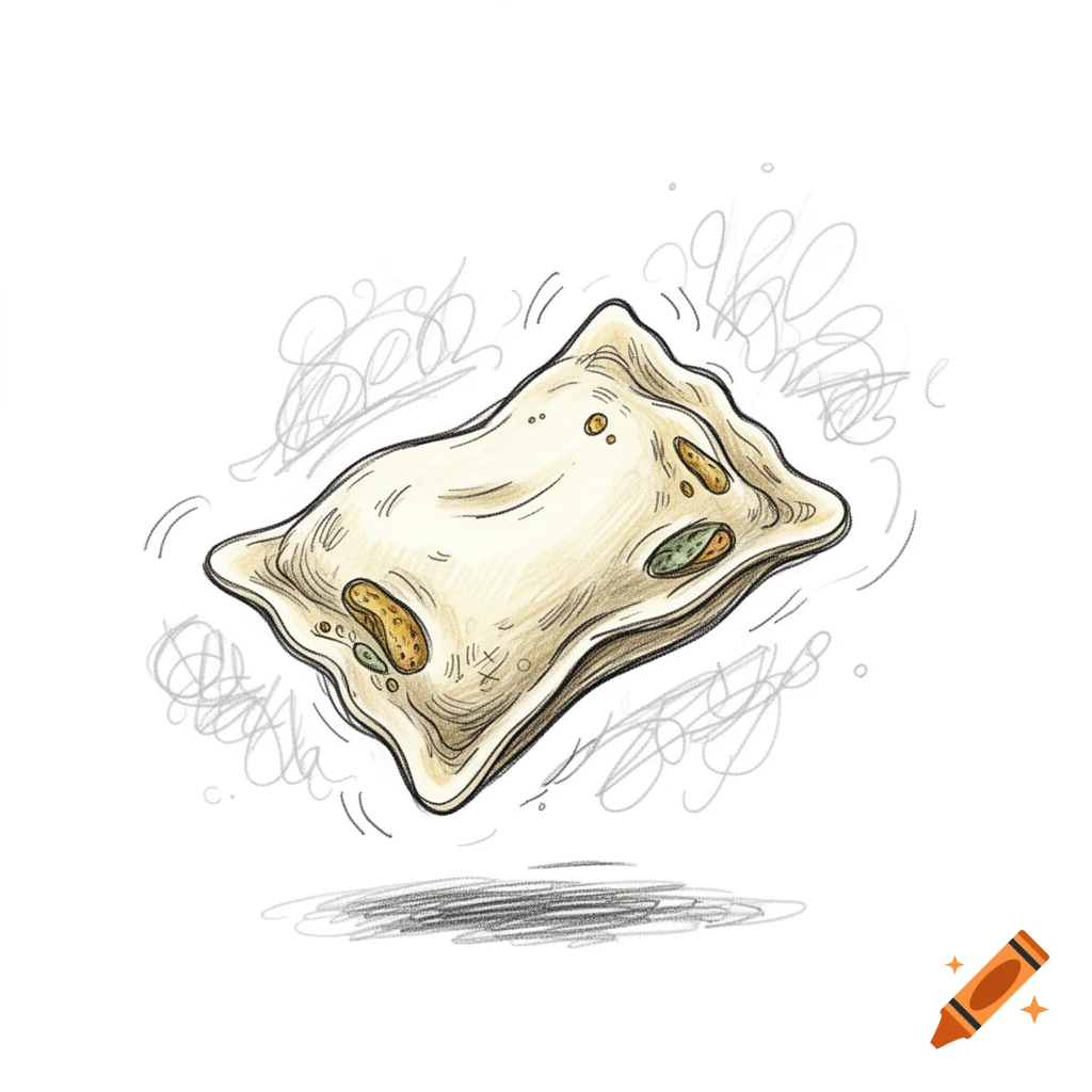 A hand-drawn doodle of a Maultasche, a German dumpling, with sketchy scribbles and a shadow.