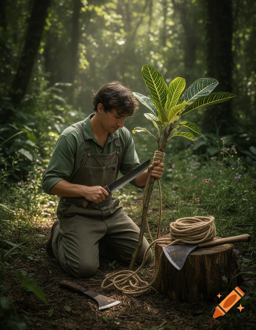A person in overalls kneels in a forest, holding a machete and a plant wrapped in rope. An axe and rope coil rest on a tree stump. Photorealistic.