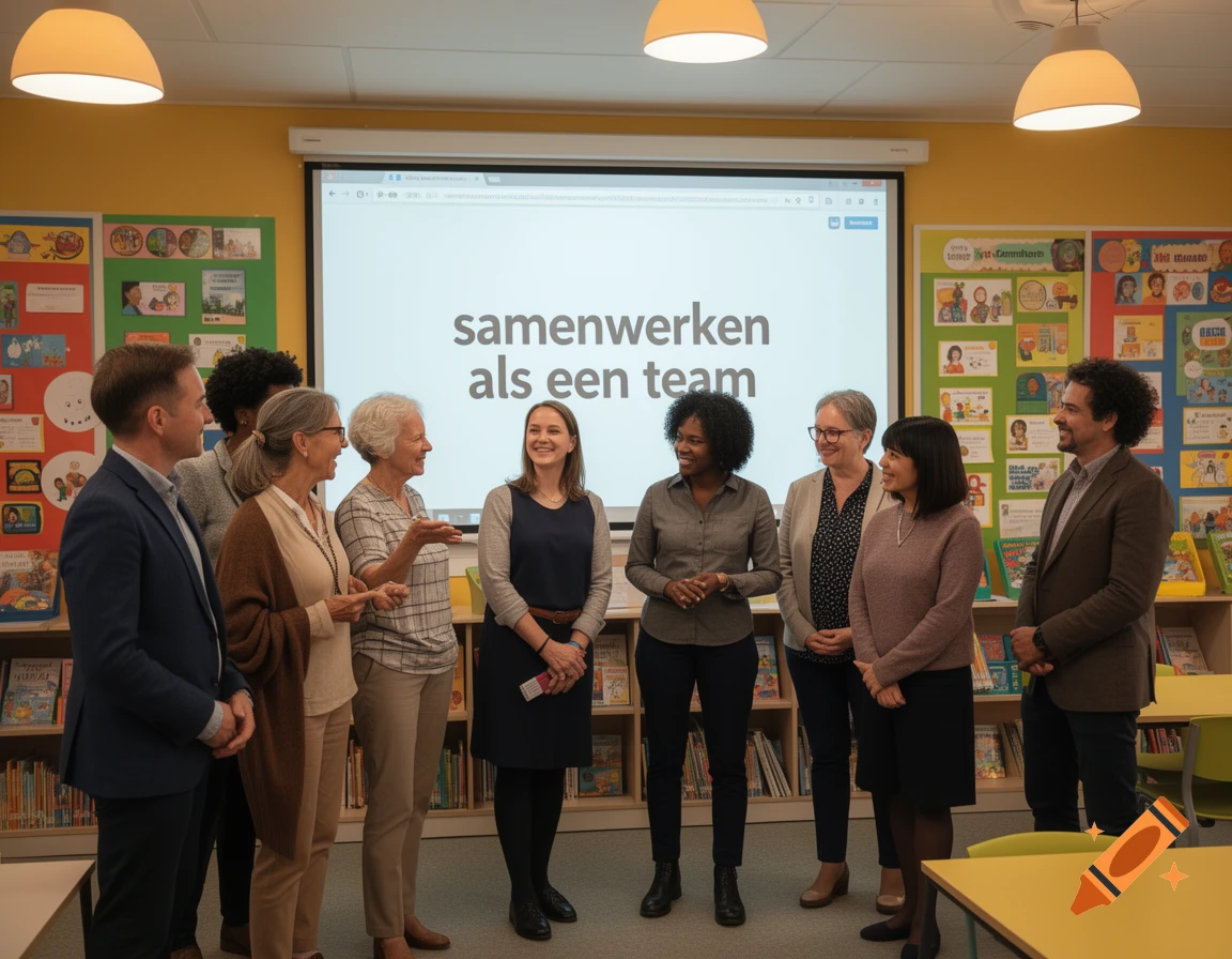 A diverse group of adults stands smiling in a classroom with "samenwerken als een team" (working as a team) projected on a screen behind them, looking at each other in discussion. Photorealistic.