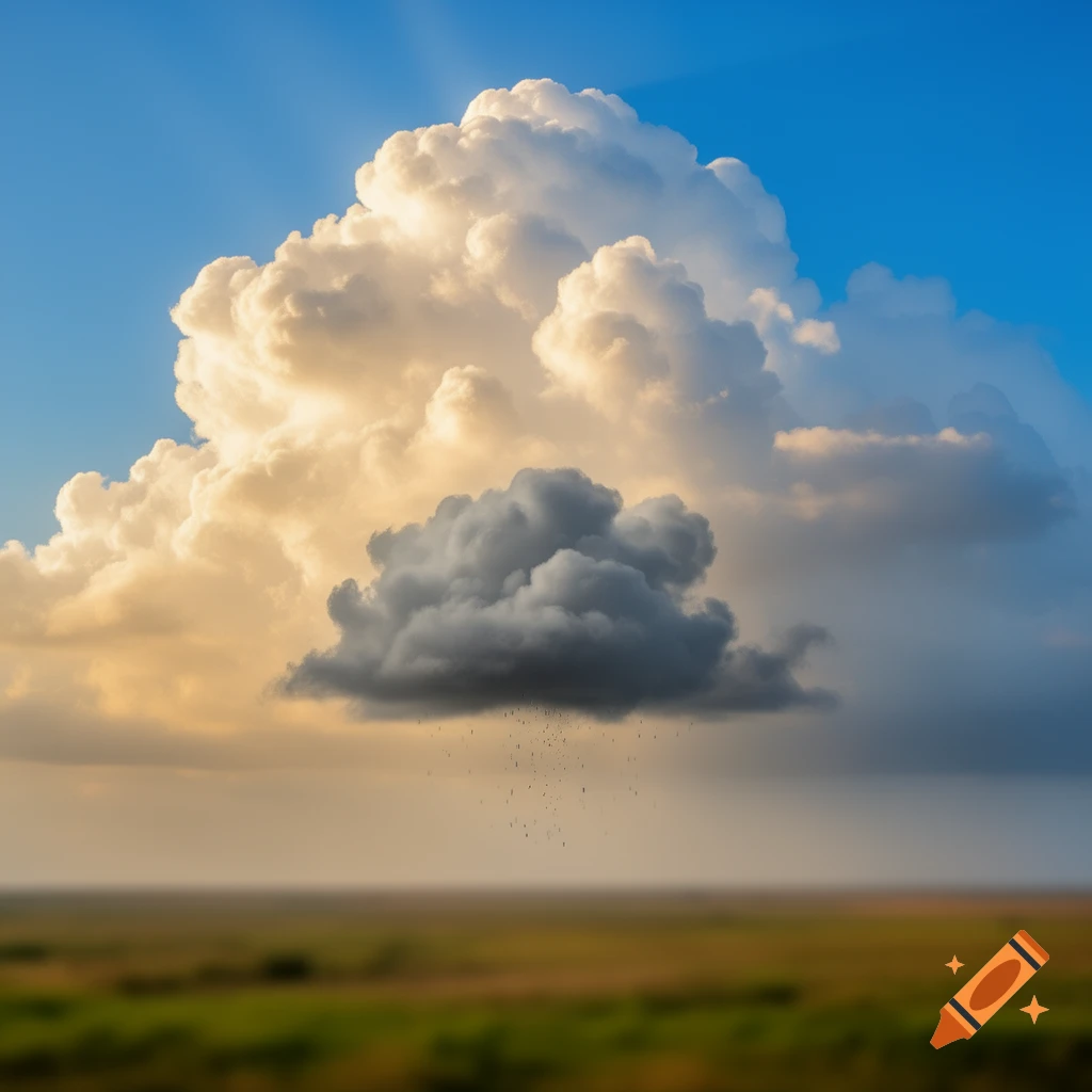 A large, bright cumulonimbus cloud embraces a smaller, dark rain cloud with subtle rain over a blurred landscape under a blue sky.