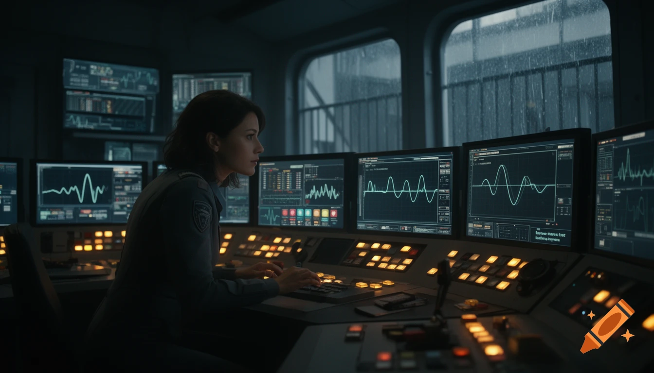A female technician in a dimly lit, futuristic control room with multiple monitors displaying oscilloscope waveforms and data, under cinematic underlighting.