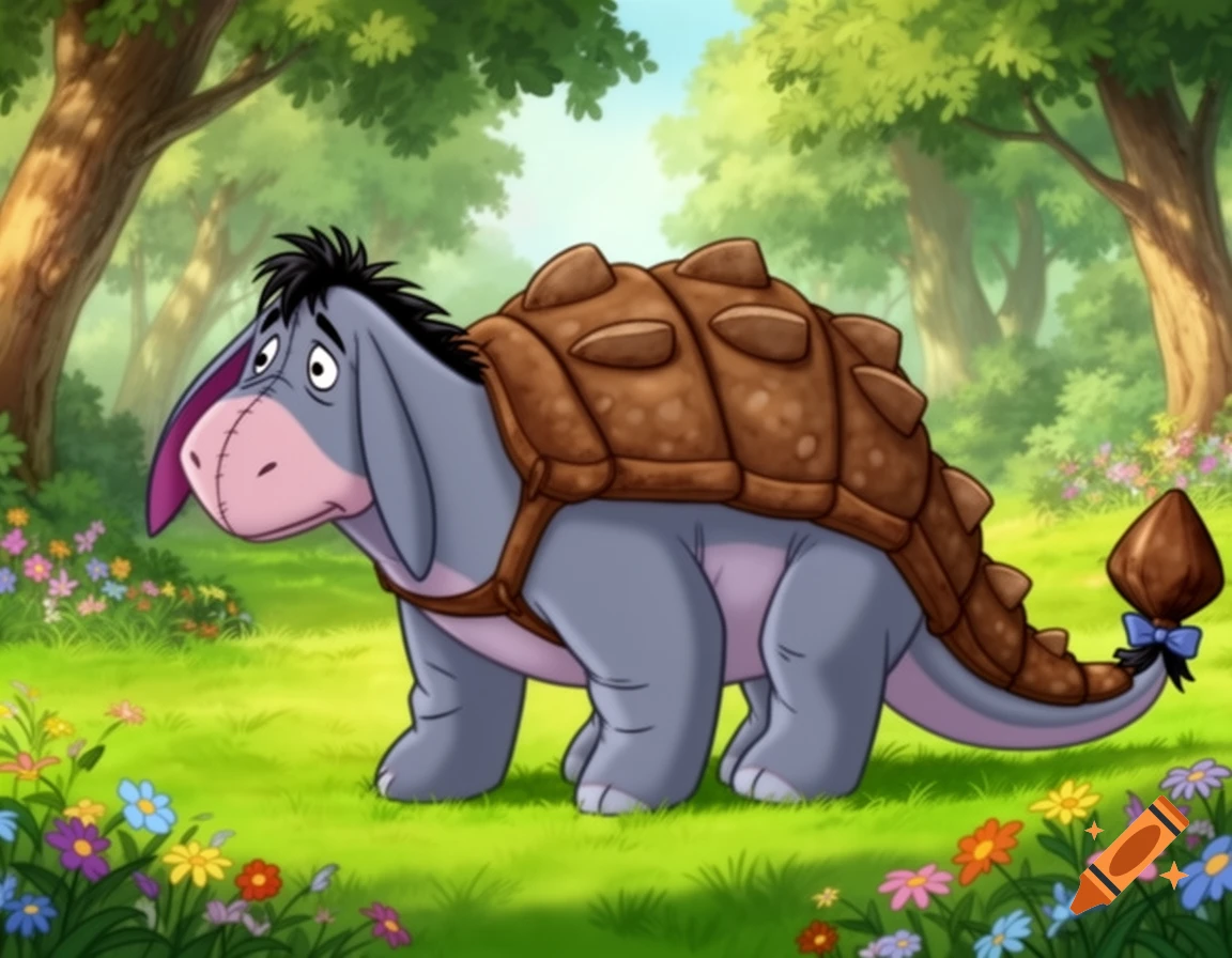 Cartoon Eeyore, the grey donkey, dressed as an Ankylosaurus with a brown shell, standing in a vibrant green forest with colorful flowers.
