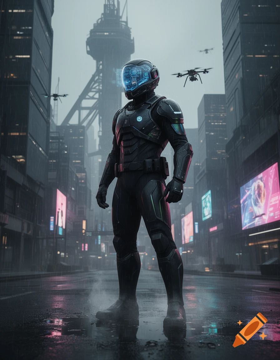 A futuristic cop in a black armored suit and glowing blue visor stands in a rainy, neon-lit dystopian city with drones flying overhead. Photorealistic.