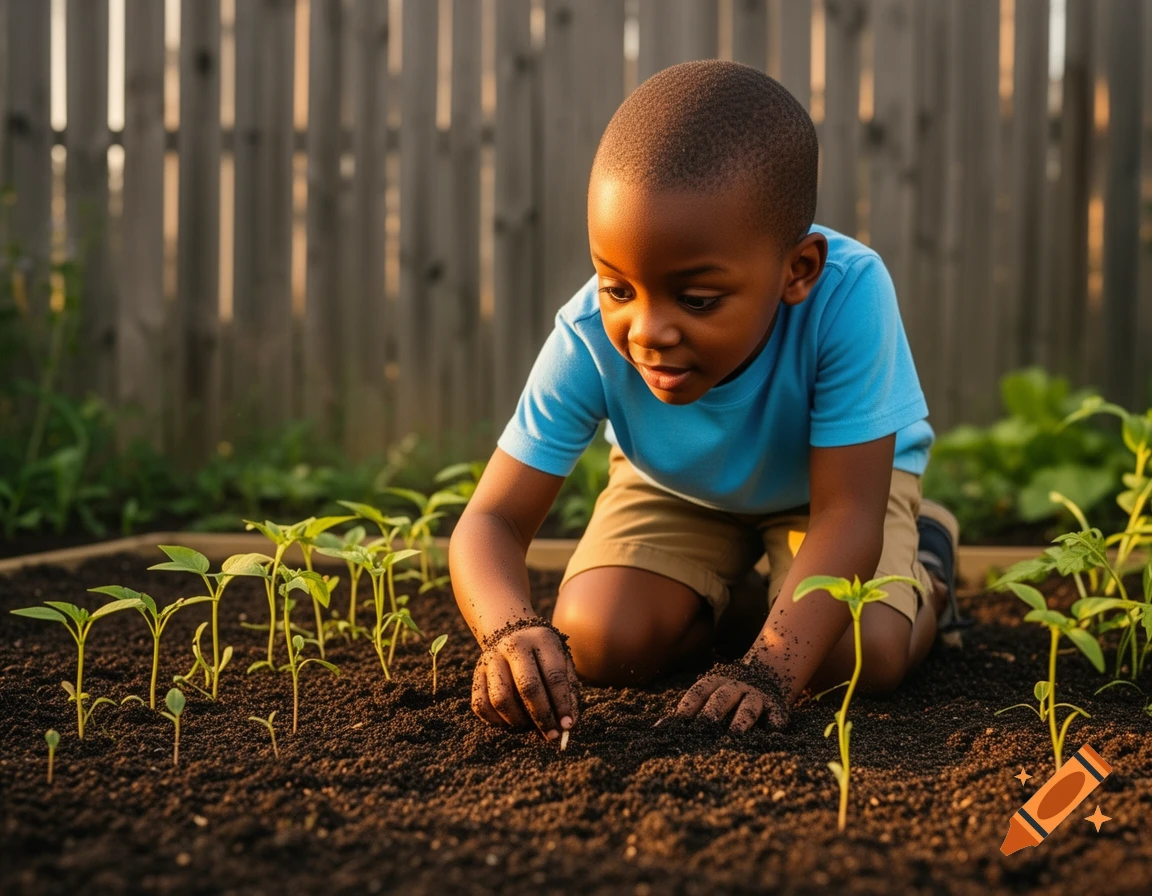 A young Black child kneels, planting a seed in rich soil in a garden bed with small green sprouts.