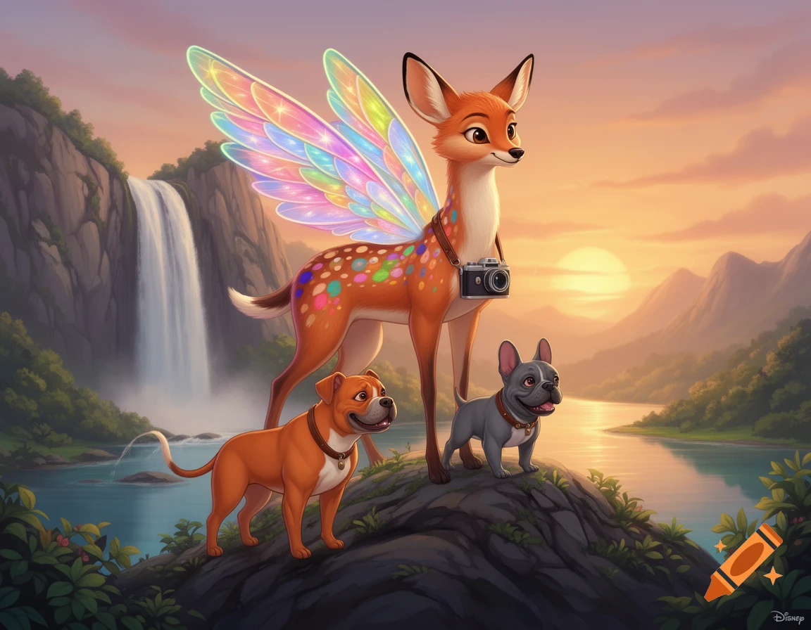 A Disney-style deer-fox with rainbow wings and a camera stands with a brown Pitbull and grey French Bulldog on a hill by a waterfall at sunset.