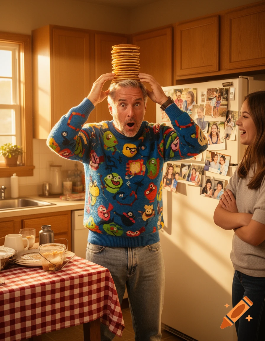 A man in a colorful sweater balances a tall stack of pancakes on his head in a kitchen, as a girl next to him laughs.