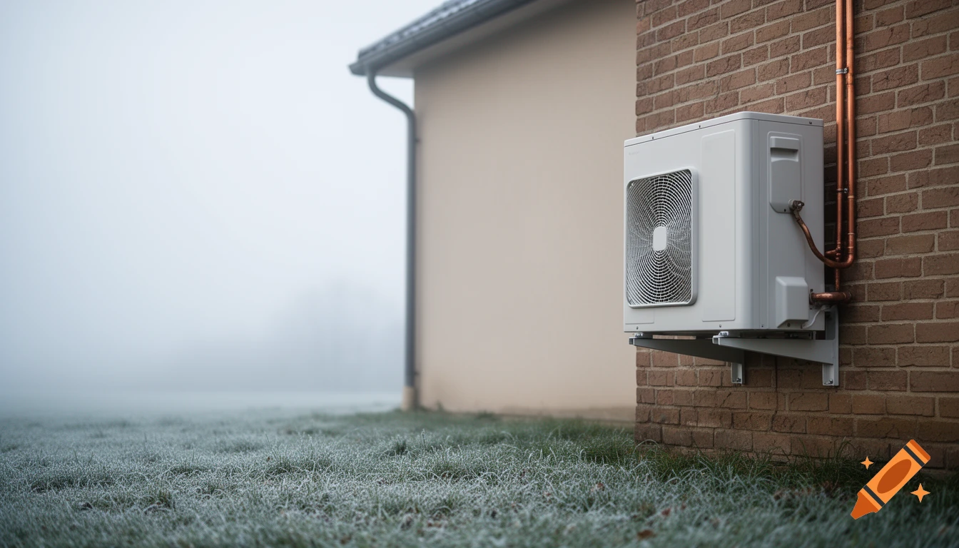 Photorealistic image of a modern white heat pump unit on a brick house wall, with frosty grass and a misty winter background.