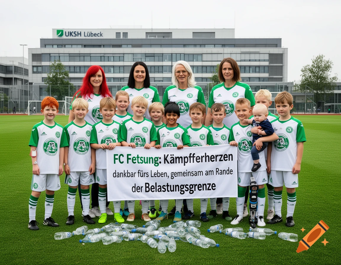 A group of children in green and white soccer uniforms, along with four adult women, stand on a green soccer field in front of a modern building with "UKSH Lübeck" written on it. They hold a white banner with German text, and many water bottles are scattered on the grass in front of them.