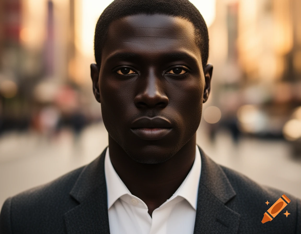 Close-up, front-facing portrait of a Black man in a dark suit and white shirt, with a blurred city street in the background.