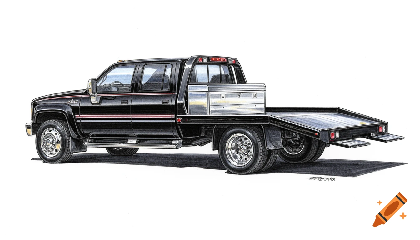 Black crew cab dually flatbed truck with a large toolbox and slide-out loading ramps, depicted in a detailed automotive illustration.