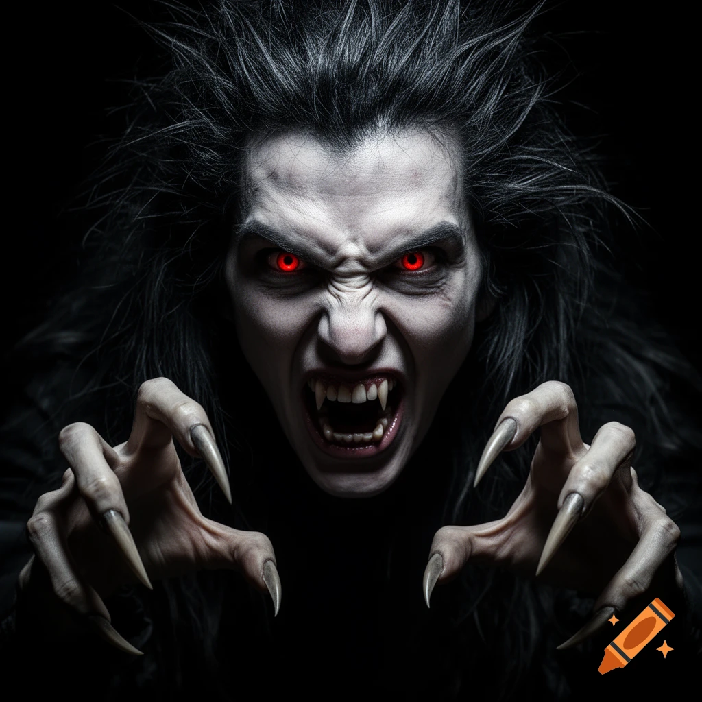 A terrifying monster with pale skin, sharp fangs, glowing red eyes, wild dark hair, and long clawed fingers reaching out from the darkness.