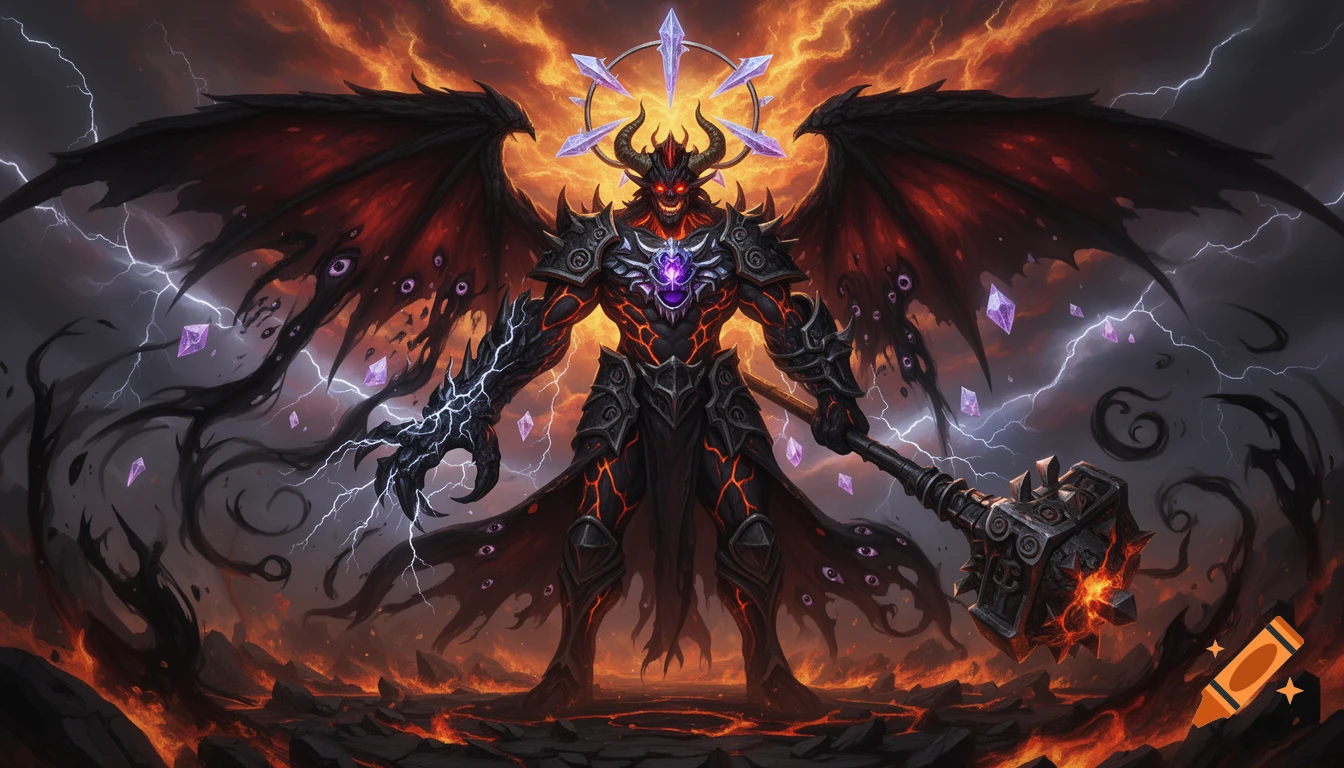A towering dark fantasy demon with glowing lava veins, large black-and-crimson wings, a horned crown of crystalline blades, and a war mace stands on a fiery, storm-ridden realm.