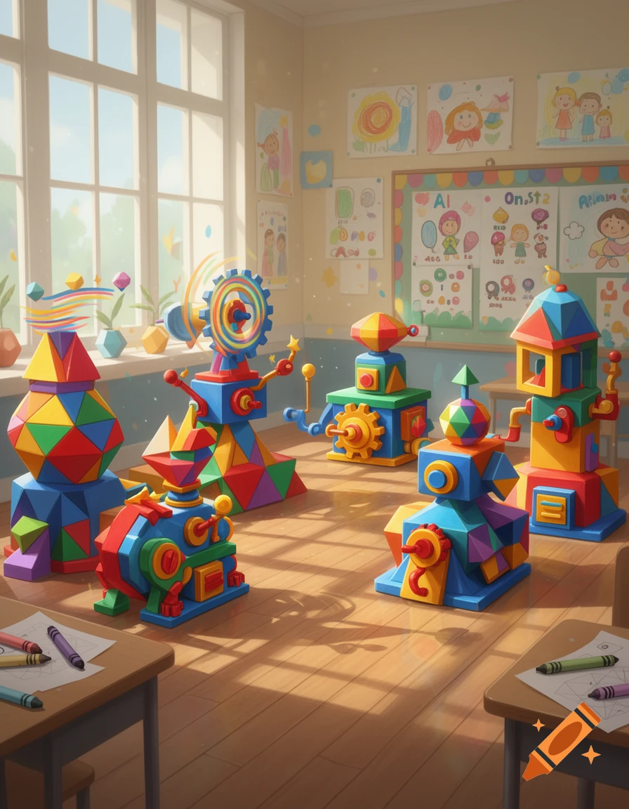 Bright classroom with colorful polyhedron toys on the floor and children's drawings on the walls.