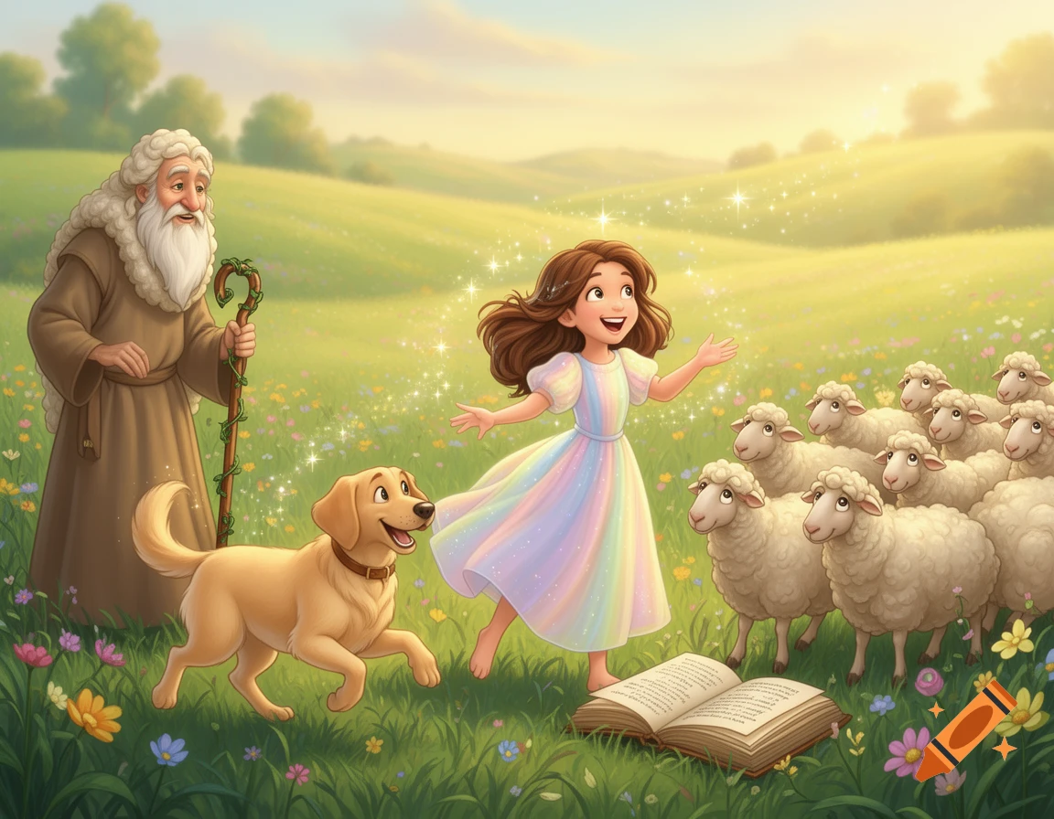 A joyful girl in a rainbow dress, an old shepherd, a golden retriever, and sheep in a magical, sunny meadow, Disney style.