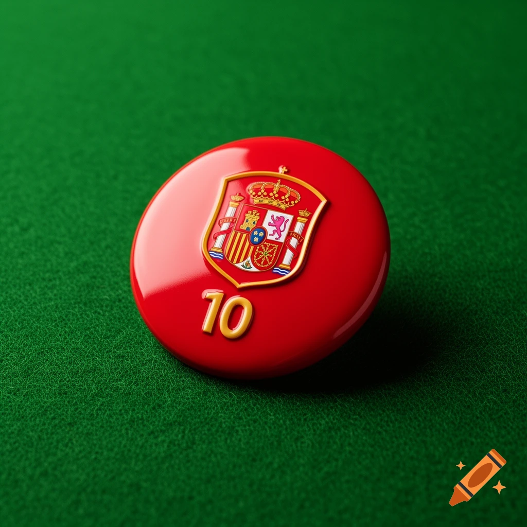 A shiny red football badge with Spain's coat of arms and the number 10, resting on a green felt surface. Photorealistic.