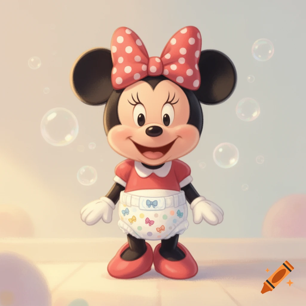 Smiling Minnie Mouse wearing a red top and a polka-dot diaper with colorful bows, surrounded by bubbles in a cute cartoon style.