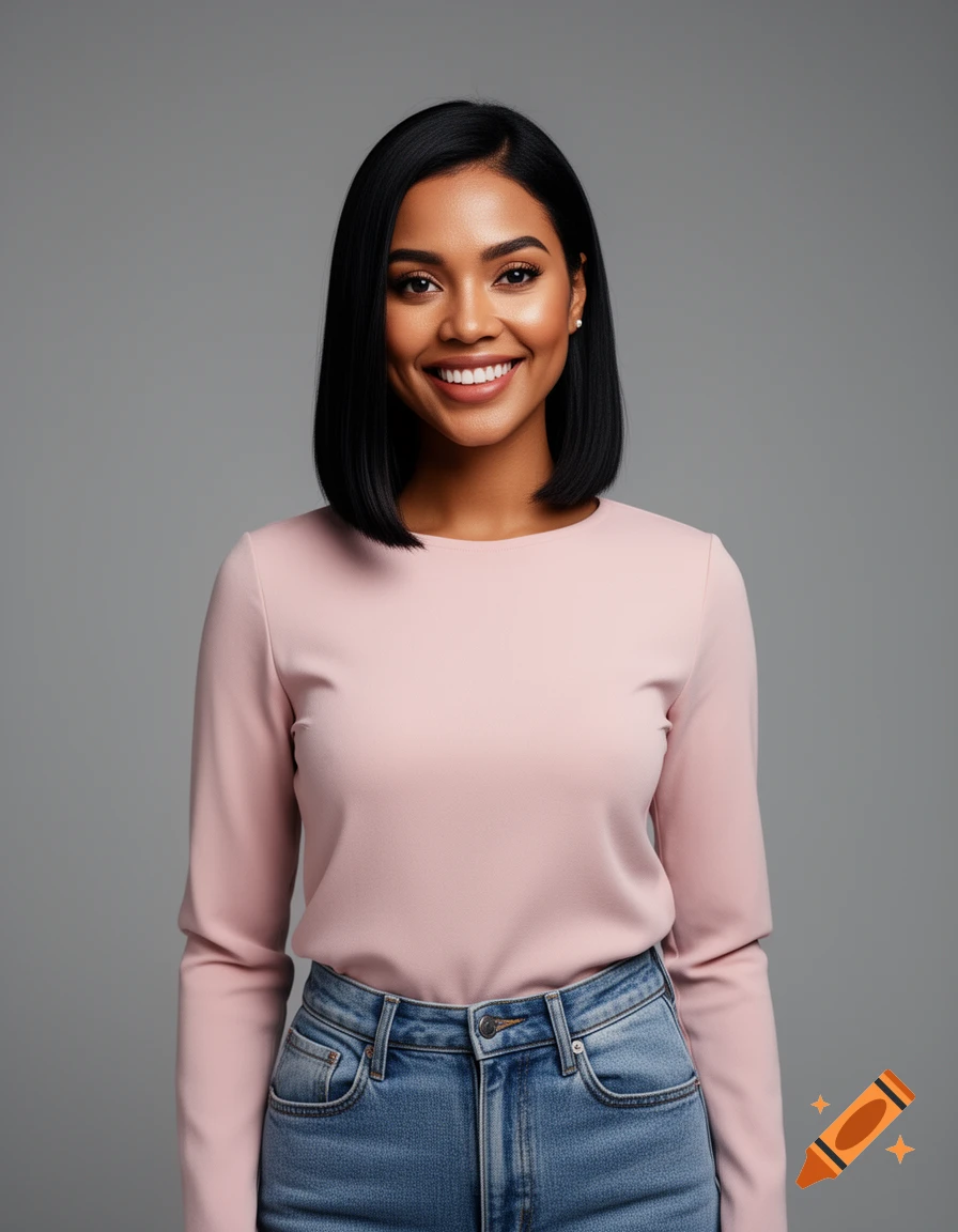 A smiling woman with dark hair, wearing a pink shirt and jeans, against a gray background.