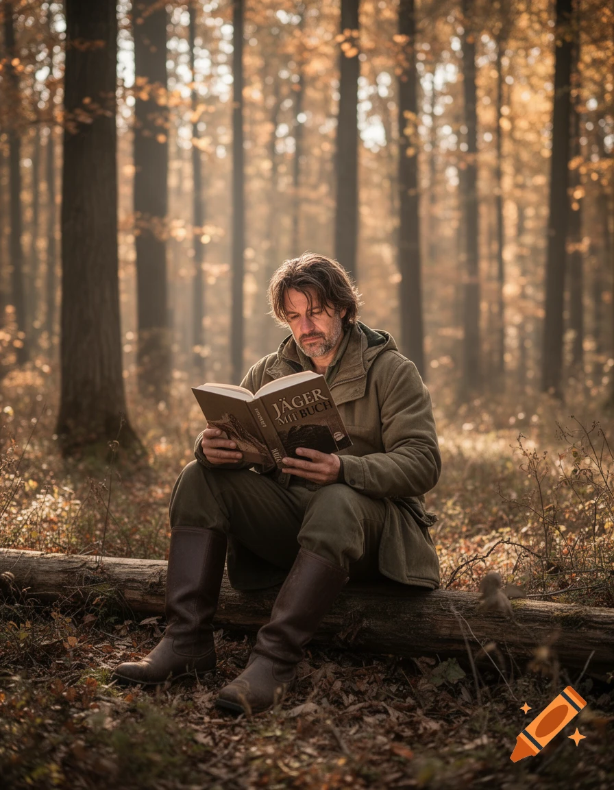 A man with a beard sits on a fallen log in a sunlit autumn forest, reading a book.
