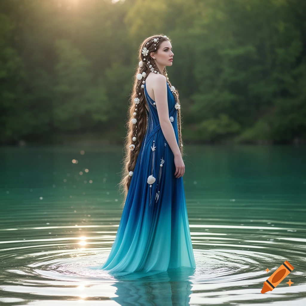 A woman with long, braided hair adorned with shells and pearls, wearing a blue ombre dress, stands in turquoise water with a forest background.