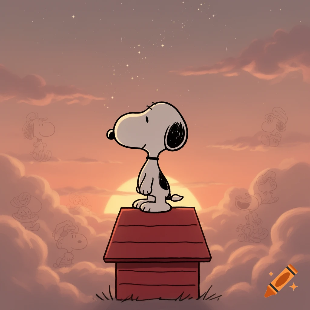 Snoopy sits atop his red doghouse in profile against a serene orange and pink sunset, with faint cartoon outlines of other characters in the clouds.