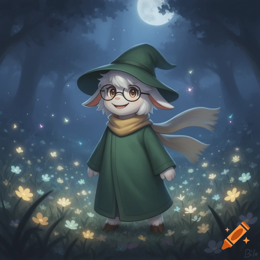 Ralsei, a fluffy white goat-like character in a green wizard hat, glasses, and robe with a yellow scarf, stands in a moonlit forest among glowing flowers.