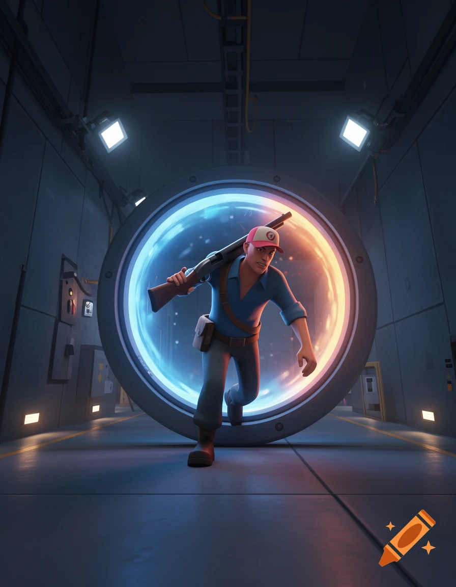 Stylized character resembling TF2 Scout, carrying a shotgun, runs from a glowing portal in a sci-fi hallway.
