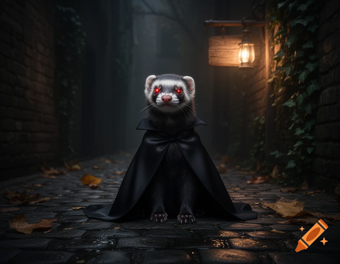 A ferret wearing a black vampire cape with glowing red eyes sits in a dark, wet cobblestone alley with a glowing lantern.