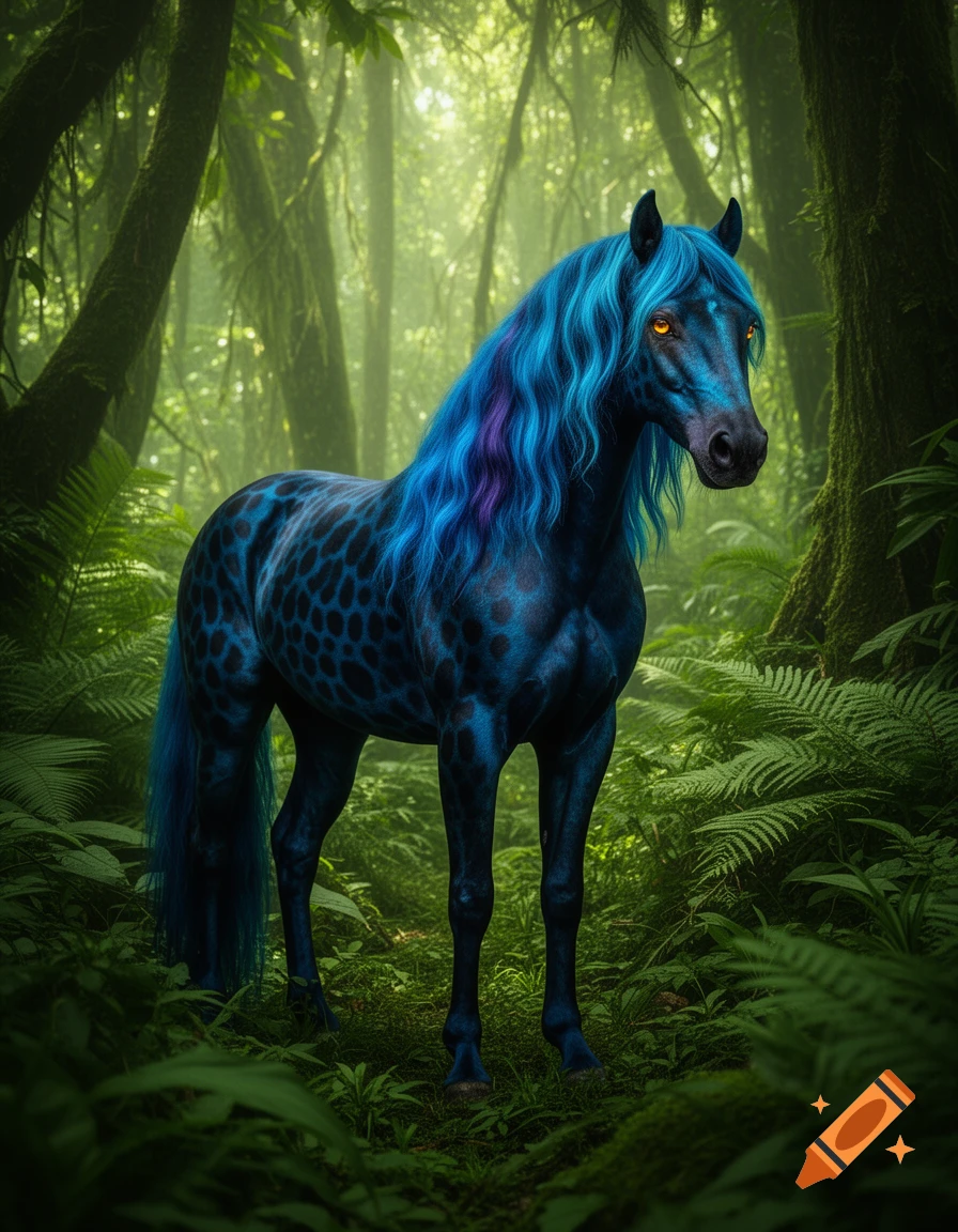 A mystical blue horse with dark spots and glowing orange eyes stands in a lush, sunlit jungle.