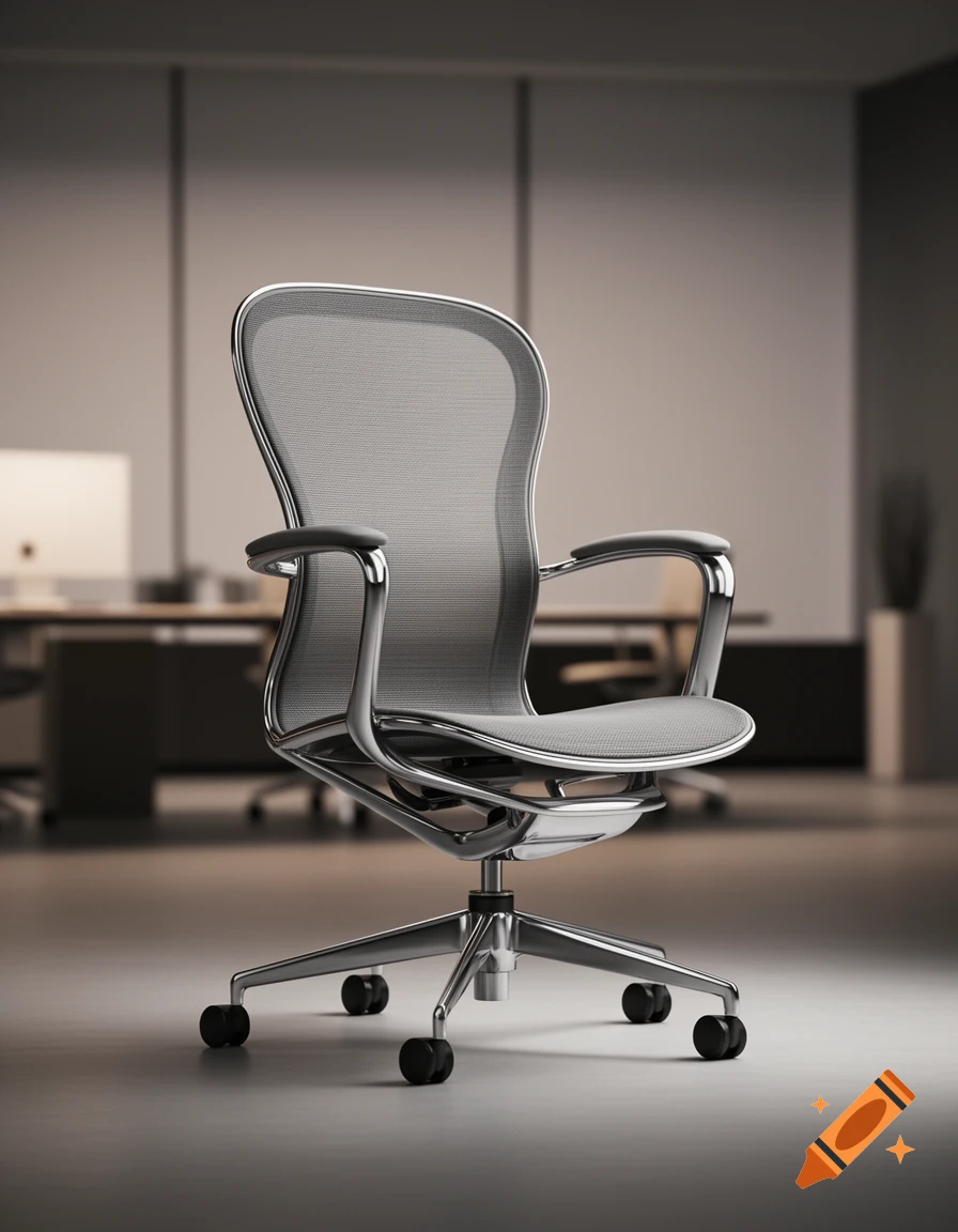 A modern grey office chair with a mesh back and polished metal frame in a softly lit office setting.