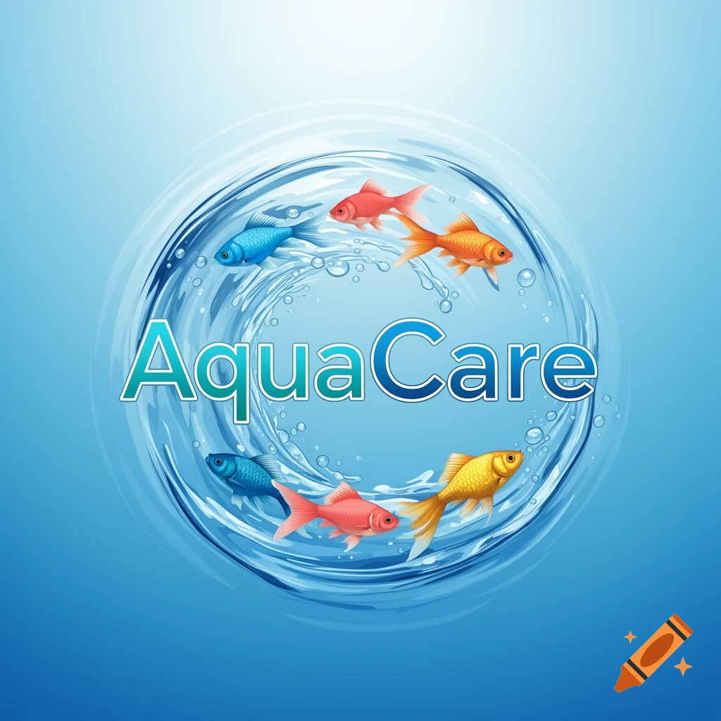 Logo with text 'AquaCare' in a swirling water circle, surrounded by red, blue, and gold fish on a blue background.
