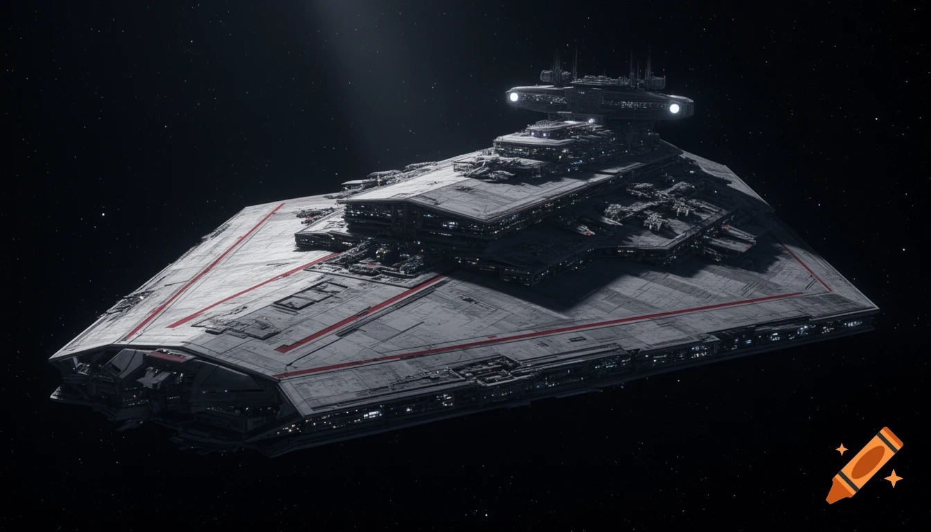 A highly detailed, gray and red accented spaceship, resembling a Star Destroyer, floats in deep space under distant stars.