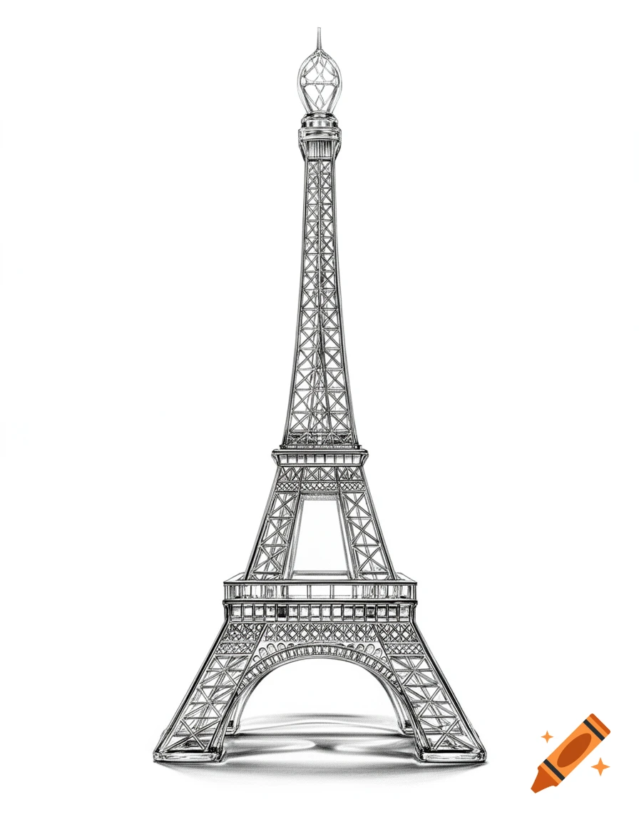 Black and white line art drawing of a perfume bottle shaped like the Eiffel Tower, with moderate detail and shading.