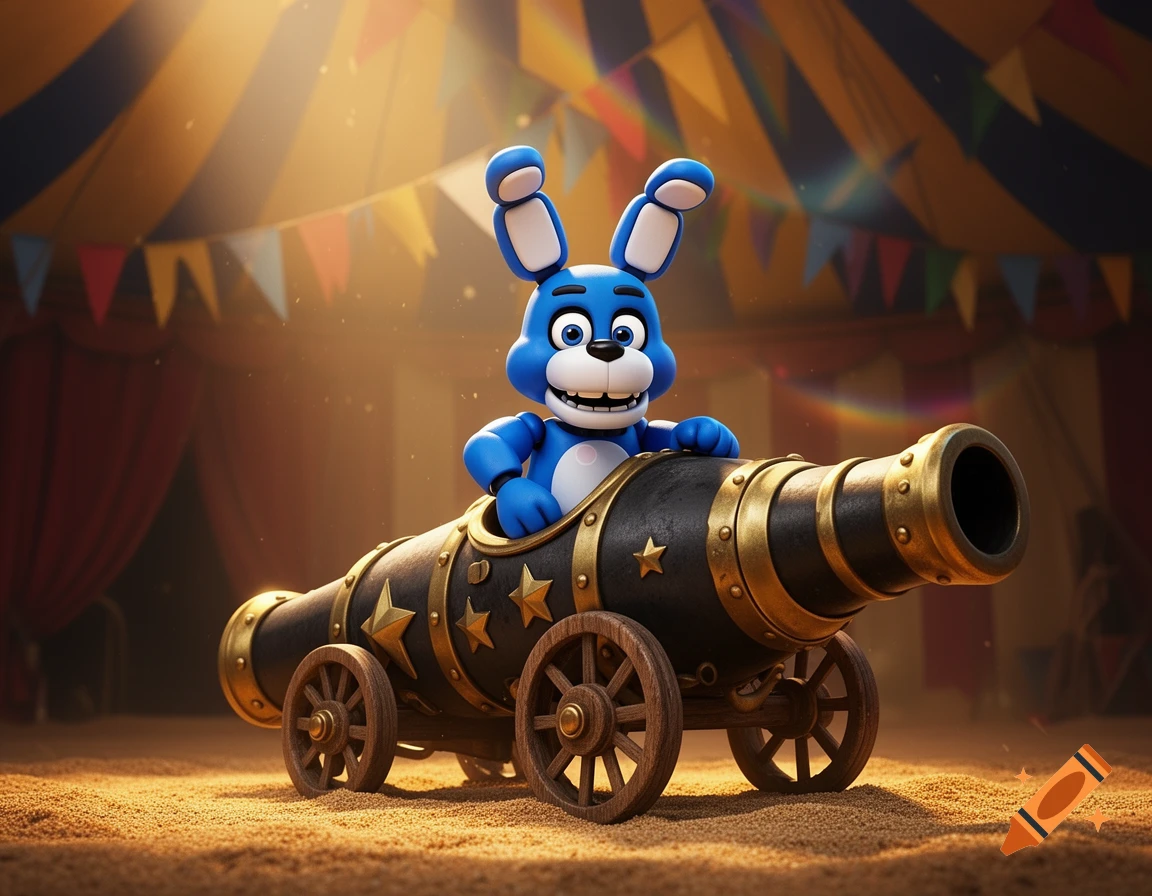 Toy Bonnie, a blue cartoon rabbit, smiling from inside a black and gold cannon in a circus tent with festive banners.