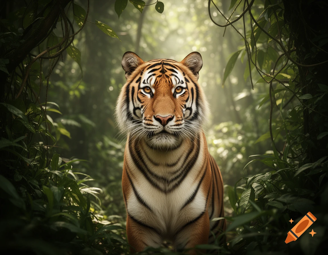 Photorealistic close-up of an orange and black striped tiger staring forward from a dense, misty green jungle.