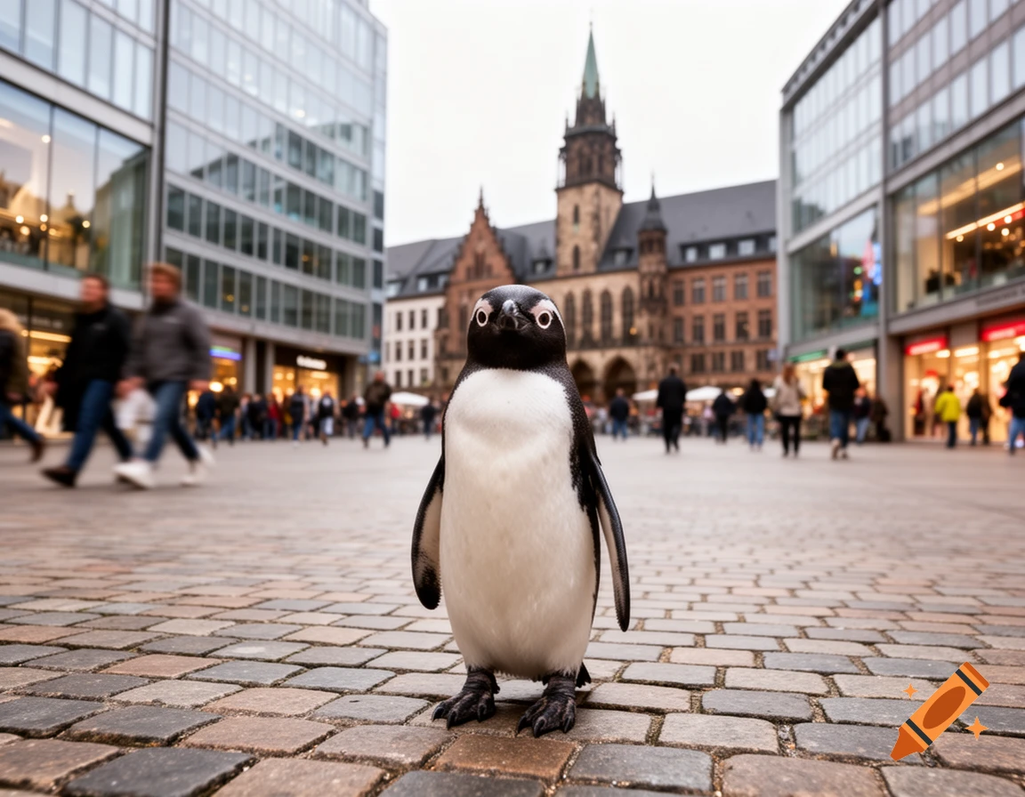 A photorealistic penguin stands on a cobblestone street in a bustling city with modern buildings and a historic church.