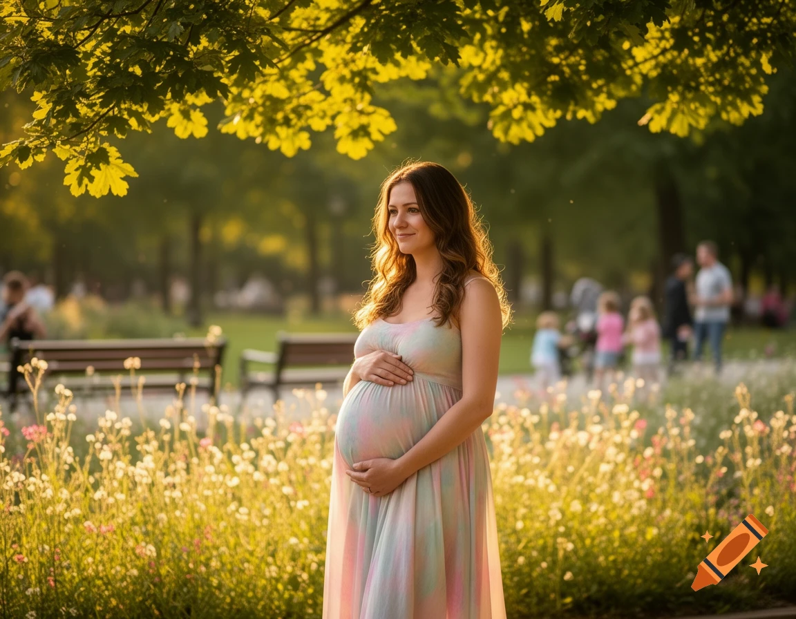 A smiling pregnant woman in a pastel dress stands in a sunlit park field filled with wildflowers, holding her belly.