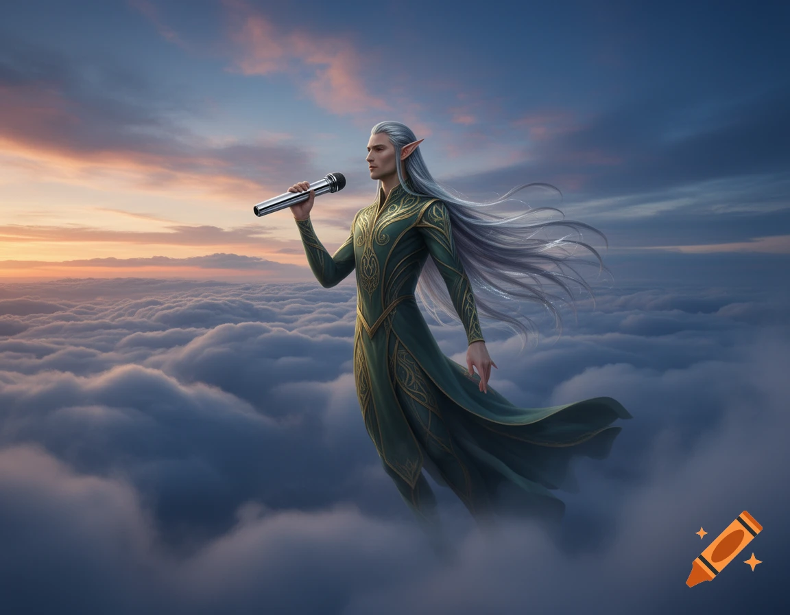 A photorealistic elf with long white hair and pointed ears, wearing a green tunic, sings into a silver microphone while floating above clouds at sunset.