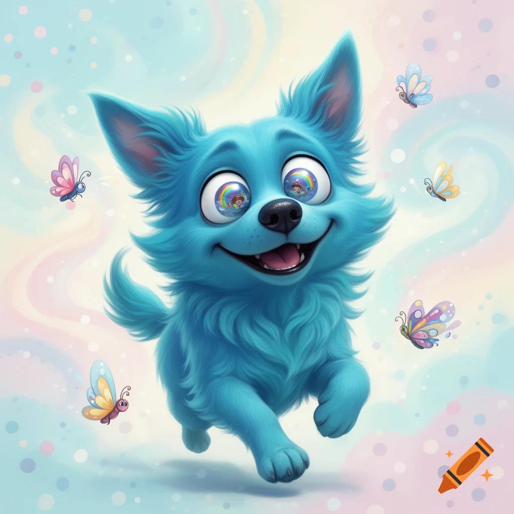 A happy, fluffy blue dog with wide, reflective eyes runs amidst colorful butterflies on a pastel background.