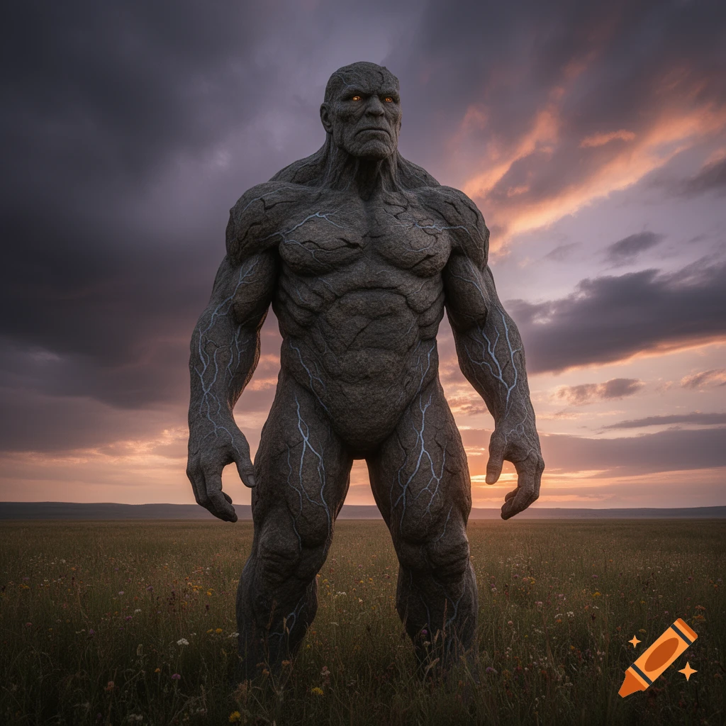 A large, muscular rock-like monster with glowing orange eyes stands in a grassy field under a dramatic sunset sky.