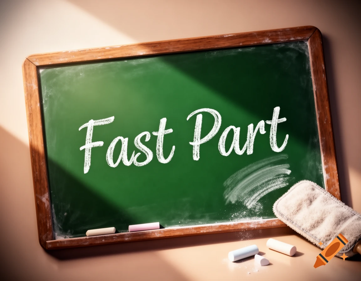 A green chalkboard with "Fast Part" written in white chalk, surrounded by a wooden frame. Chalk pieces and a duster rest below it.