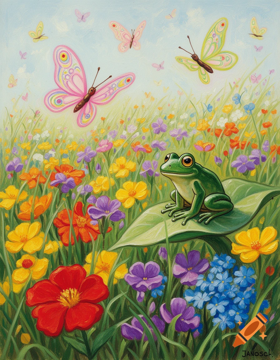 A vibrant oil painting shows a green frog sitting on a large leaf in a meadow of colorful wildflowers, with pink and yellow butterflies flying overhead.