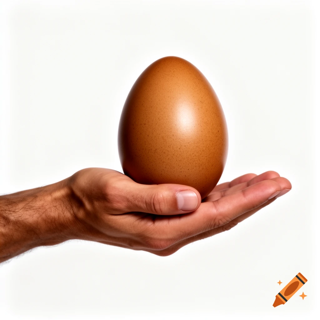 A tan masculine hand gently cradling a large brown ostrich egg against a solid white background.