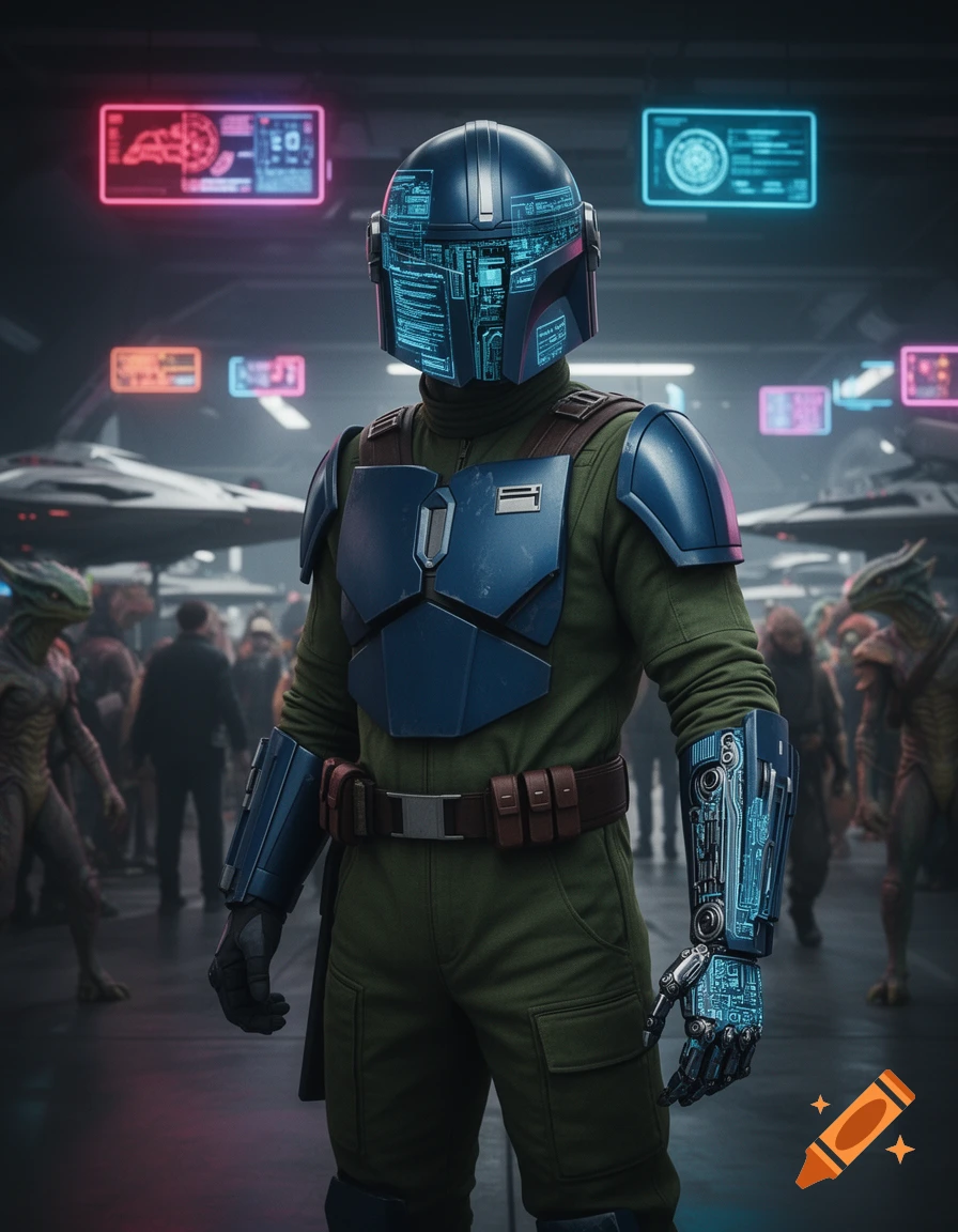 A photorealistic image of a futuristic character in blue armor and an olive green jumpsuit. The character wears a helmet and has a glowing blue cybernetic arm, standing in a neon-lit sci-fi setting.