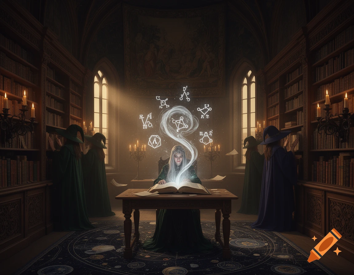 A witch conjures magic from a glowing spellbook in a dark, ornate library, surrounded by bookshelves and other robed figures.