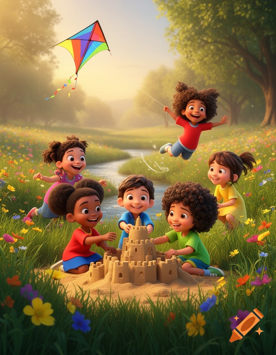 Cartoon children of various ethnicities play joyfully in a sunny meadow. Some build a sandcastle, while another flies a colorful kite.
