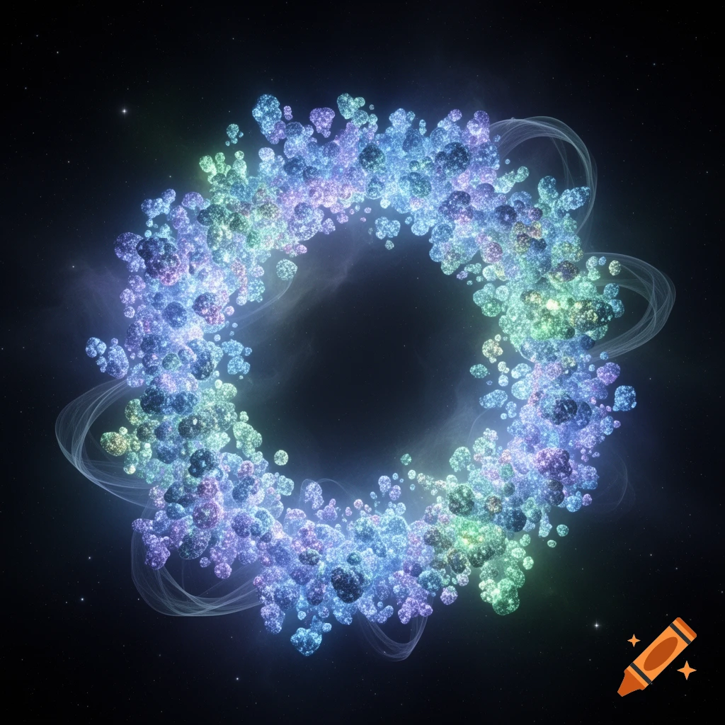 An abstract luminous ring made of blue, green, and purple glittery particles against a dark starry space background.