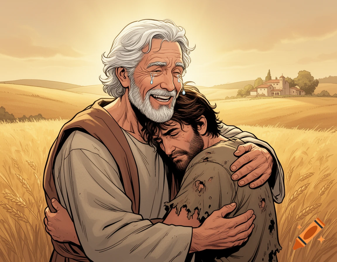 An emotional older man with white hair and beard embraces a younger, tired man in a golden wheat field, in a comic style illustration.