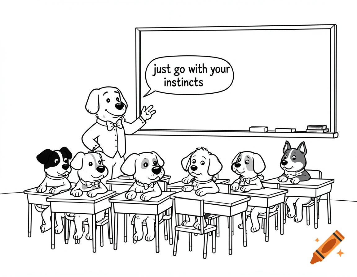 A black and white line art cartoon of a dog teacher talking to five dog students in a classroom, with the teacher saying, 'just go with your instincts'.